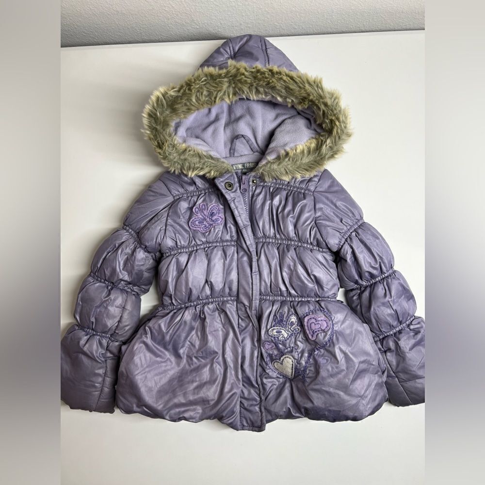 Vynil  Frais Little girl Puffer Jacket Coat faux fur Violet/ Lavander Sz 4 years